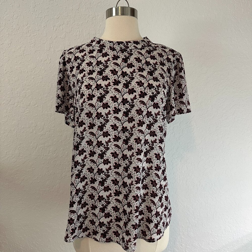 Premise M Easy Fit Short Sleeve button Back Dressy Blouse Red Black Floral Print